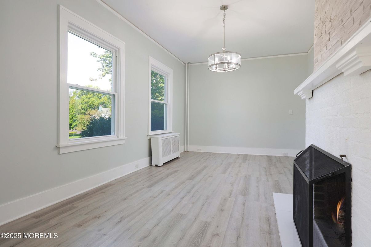 Empty room, Fireplace, Interior, Pendant Lights, Wood Texture Flooring