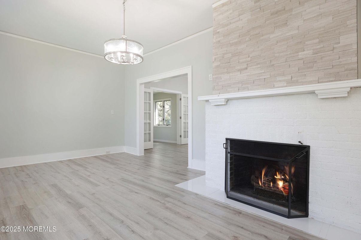 Empty room, Fireplace, Interior, Pendant Lights, Wood Texture Flooring