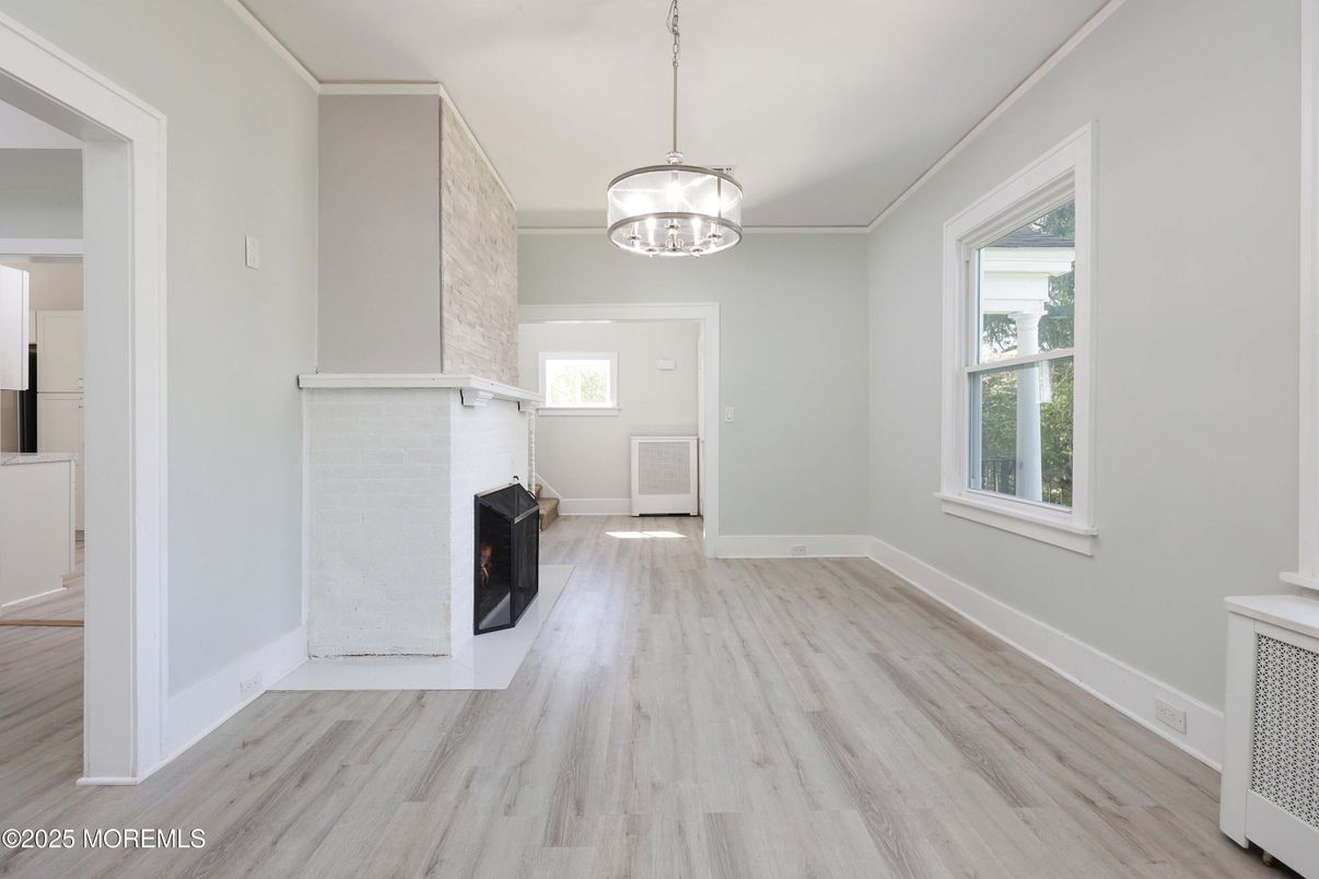 Empty room, Fireplace, Interior, Pendant Lights, Wood Texture Flooring