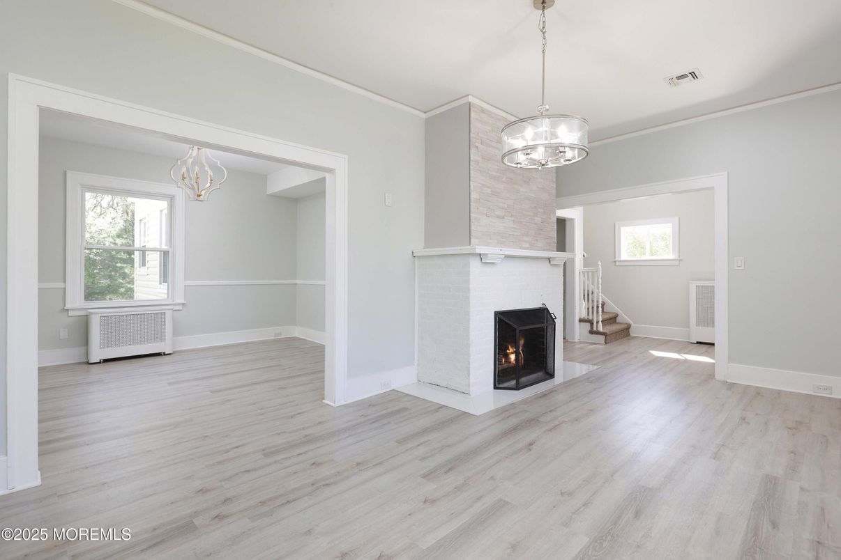 Empty room, Fireplace, Interior, Pendant Lights, Wood Texture Flooring