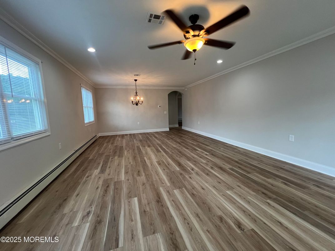 Chandelier, Empty room, Interior, Recessed Lighting, Wood Texture Flooring
