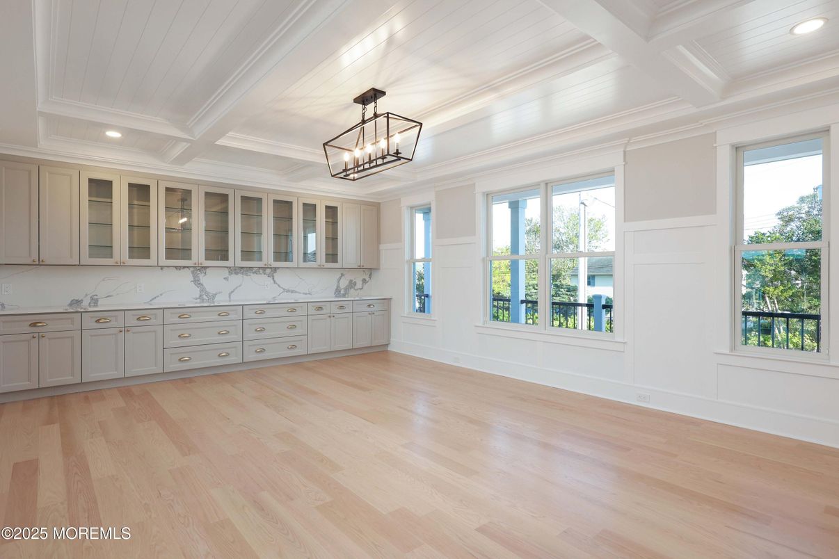 Empty room, Interior, Marble Walls, Pendant Lights, Recessed Lighting, Wood Texture Flooring