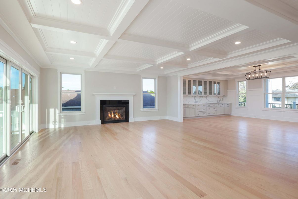 Empty room, Fireplace, Interior, Recessed Lighting, Wood Texture Flooring