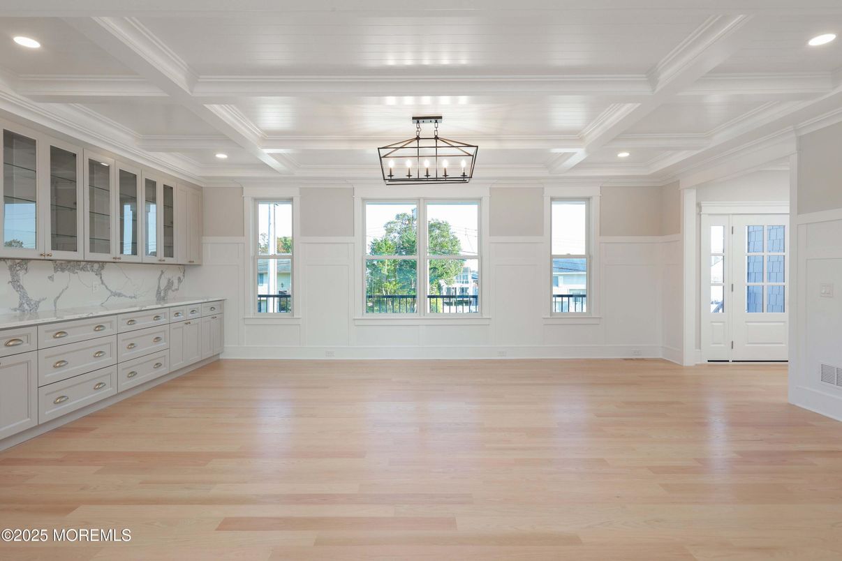 Chandelier, Empty room, Interior, Recessed Lighting, Wood Texture Flooring