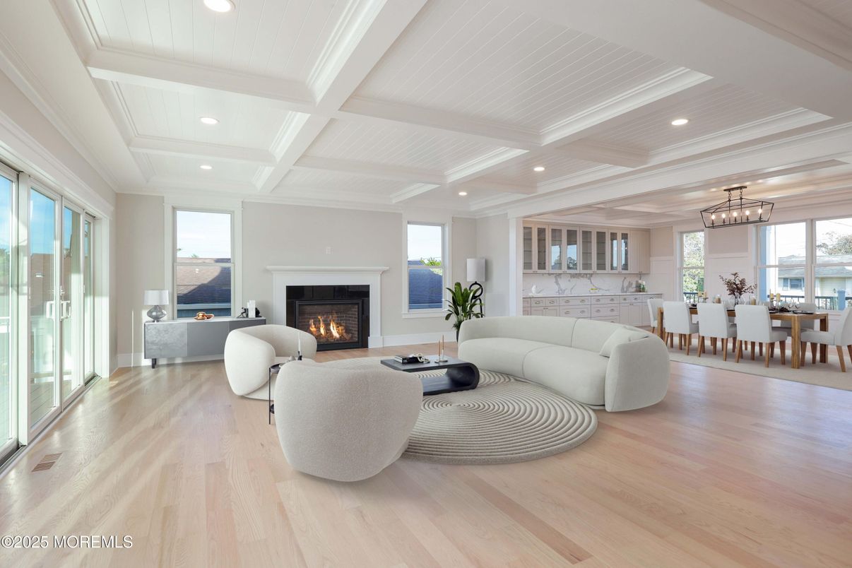 Dining room, Fireplace, Interior, Living room, Pendant Lights, Recessed Lighting, Wood Texture Flooring