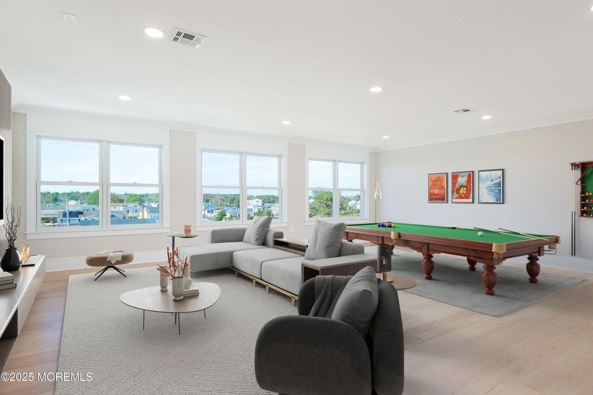 Billiard Table, Game Room, Interior, Living room, Recessed Lighting, Water, Wood Texture Flooring