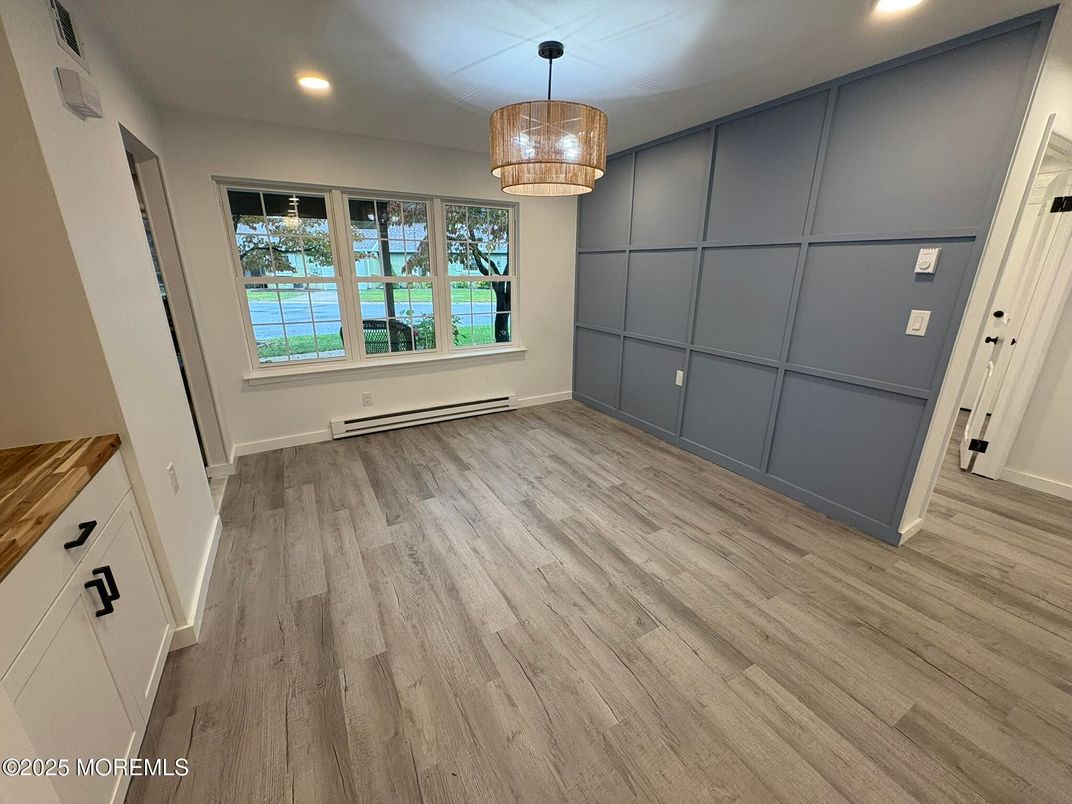 Chandelier, Empty room, Interior, Recessed Lighting, Wood Texture Flooring