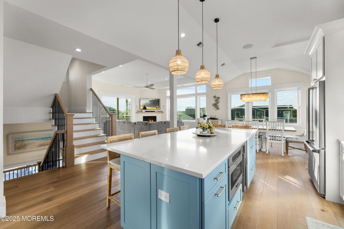 Dining room, Fireplace, Interior, Kitchen, Pendant Lights, Recessed Lighting, Wood Texture Flooring