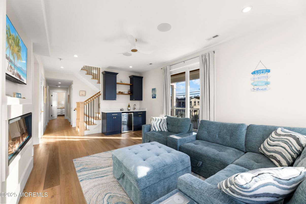 Fireplace, Interior, Living room, Recessed Lighting, Wood Texture Flooring