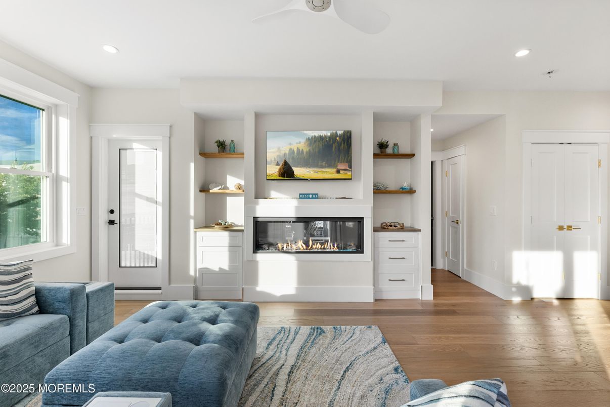Fireplace, Interior, Living room, Recessed Lighting, Wood Texture Flooring