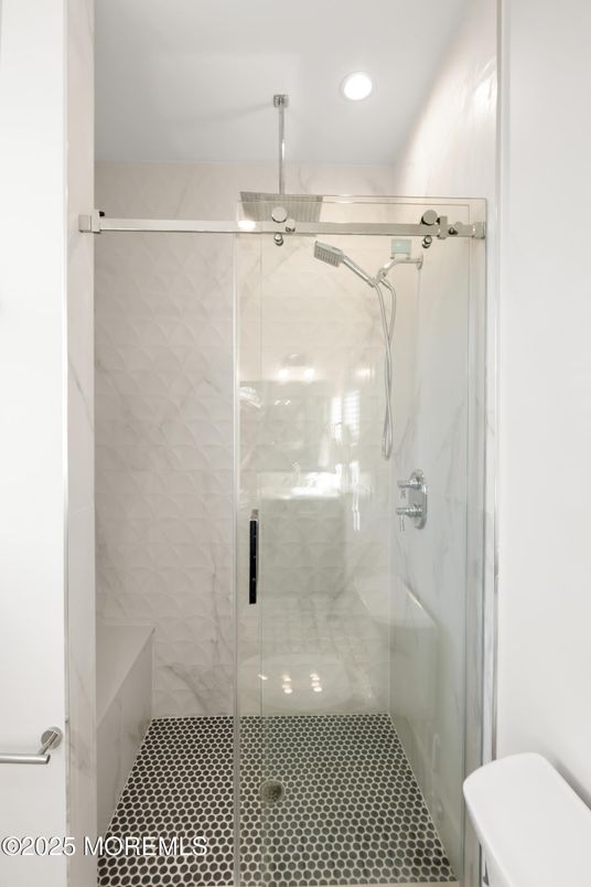 Bathroom, Glass Shower, Interior, Marble Walls, Recessed Lighting