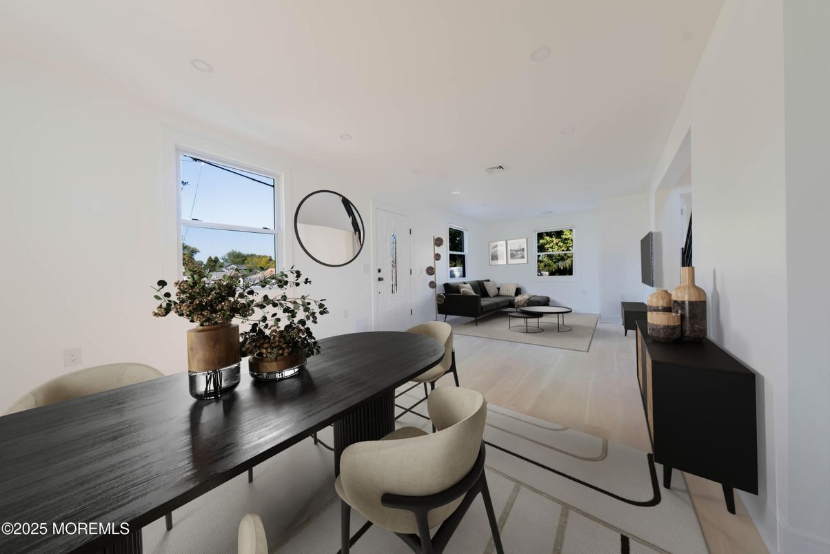 Dining room, Interior, Living room, Recessed Lighting, Wood Texture Flooring