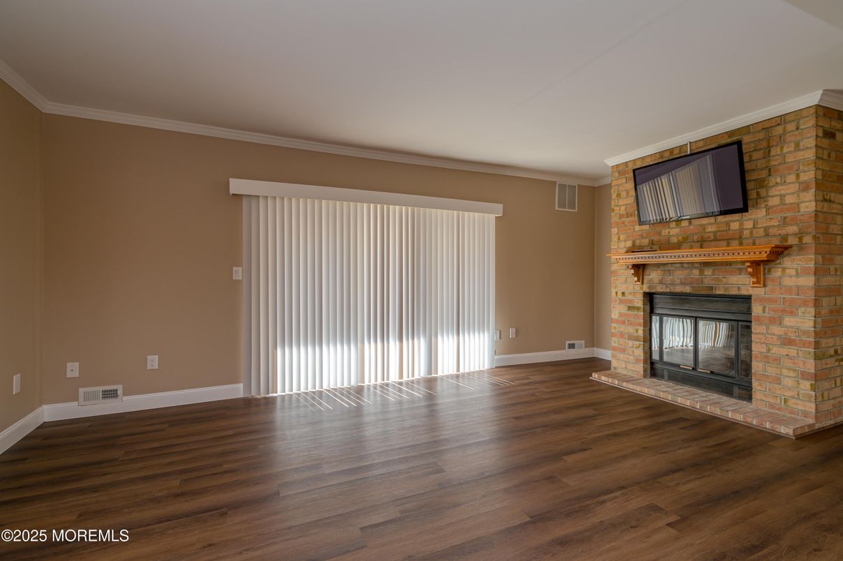 Empty room, Fireplace, Interior, Stone Walls, Wood Texture Flooring