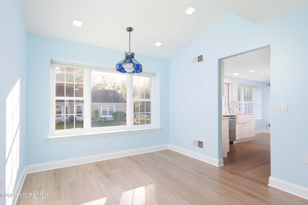 Empty room, Interior, Kitchen, Pendant Lights, Recessed Lighting, Wood Texture Flooring