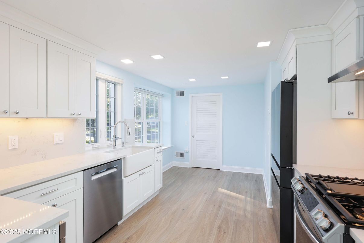 Interior, Kitchen, Recessed Lighting, Stainless Steel Appliances, Wood Texture Flooring