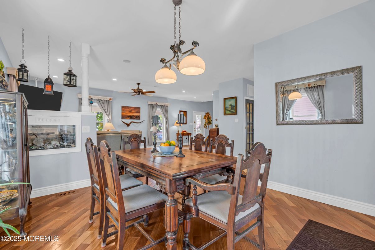 Dining room, Interior, Pendant Lights, Recessed Lighting, Wood Texture Flooring