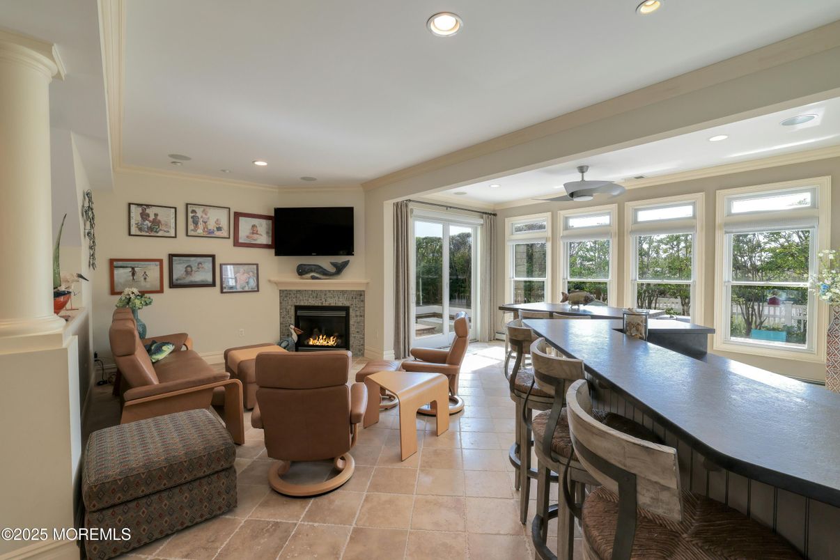 Dining room, Fireplace, Interior, Living room, Recessed Lighting