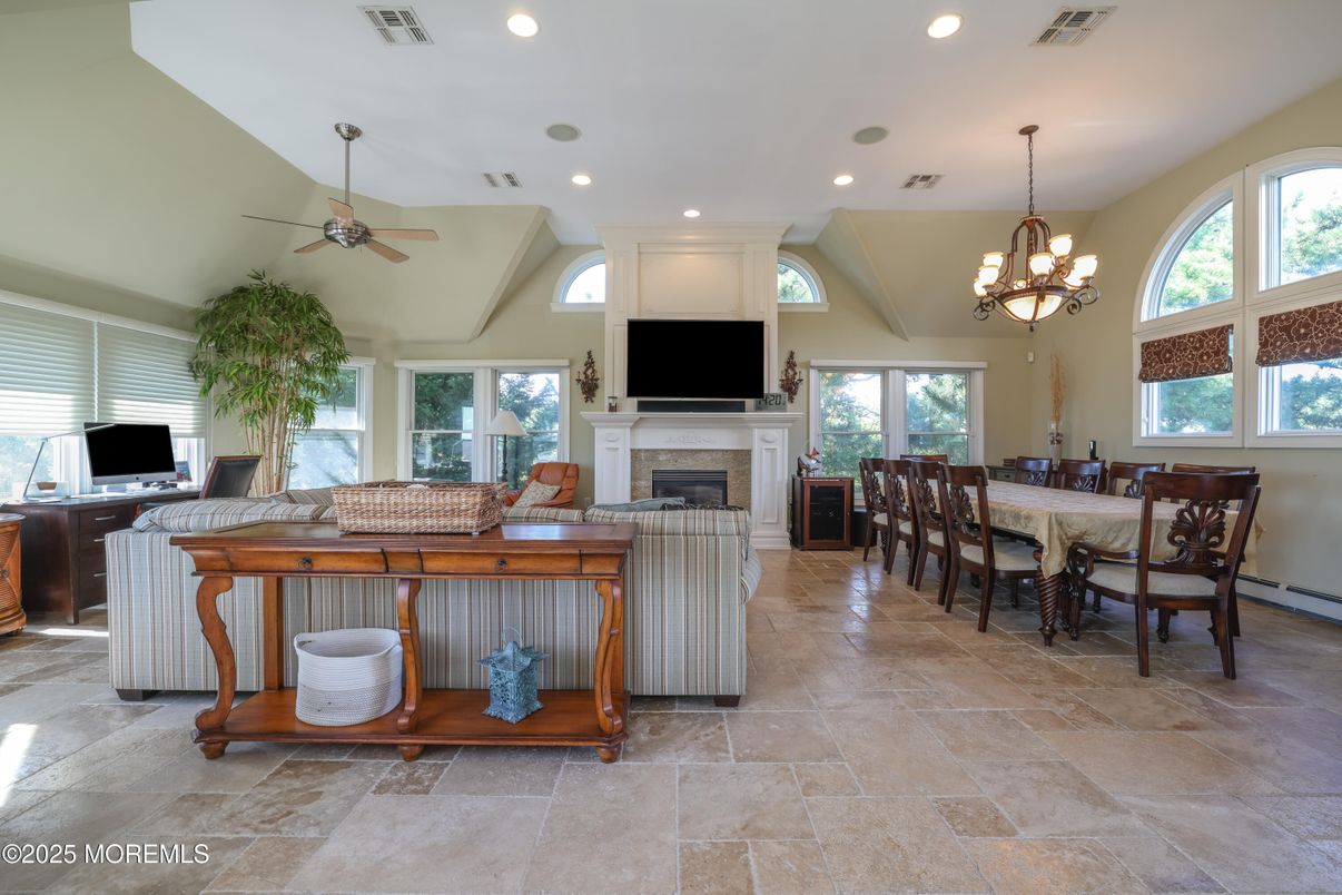 Chandelier, Dining room, Fireplace, Interior, Recessed Lighting