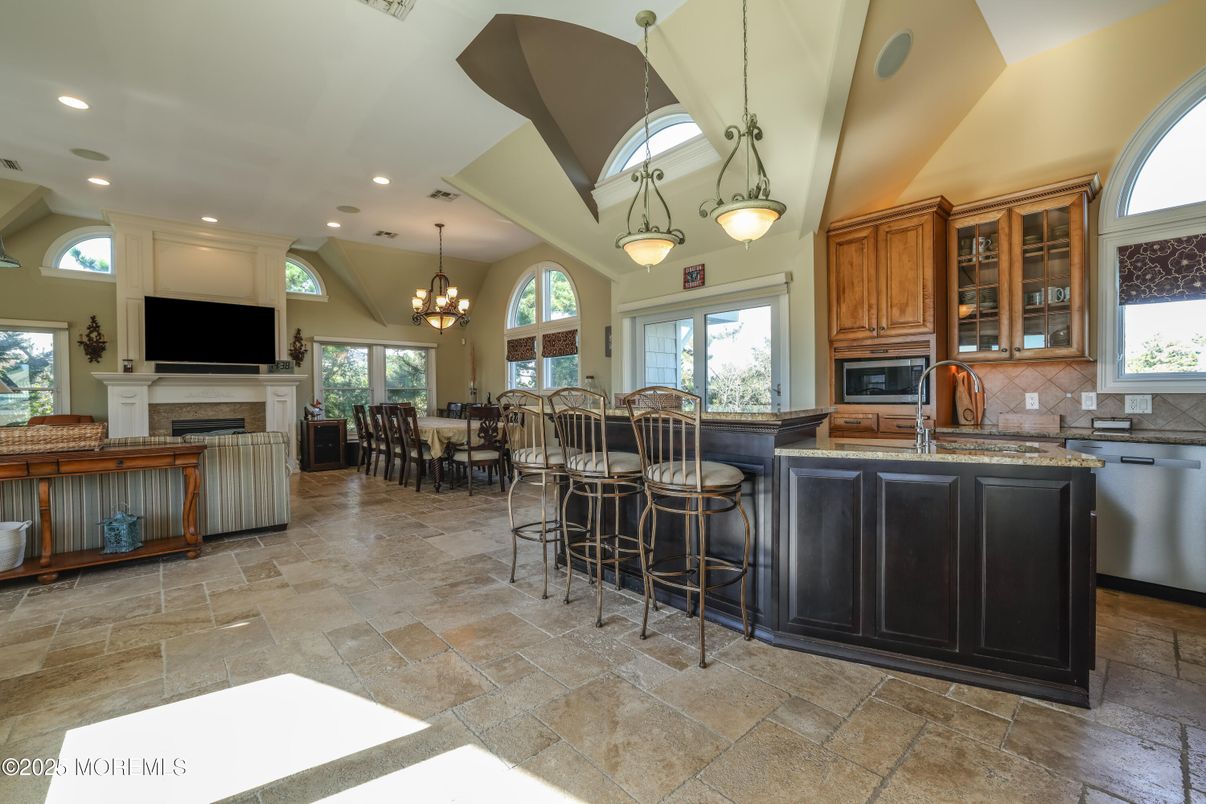 Chandelier, Dining room, Fireplace, Interior, Kitchen, Pendant Lights, Recessed Lighting