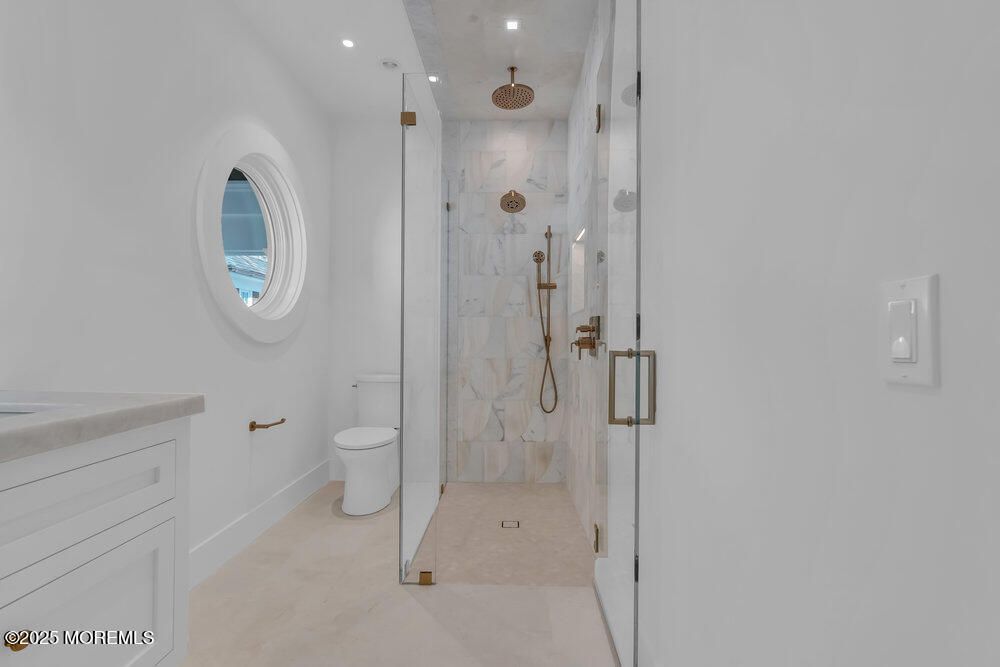 Bathroom, Glass Shower, Interior, Marble Walls, Recessed Lighting