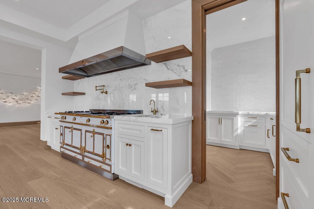 Interior, Kitchen, Marble Walls, Recessed Lighting, Wood Texture Flooring