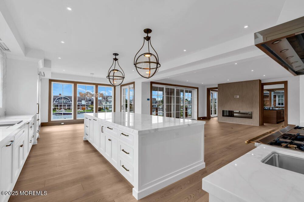 Chandelier, Interior, Kitchen, Pendant Lights, Recessed Lighting, Wood Texture Flooring