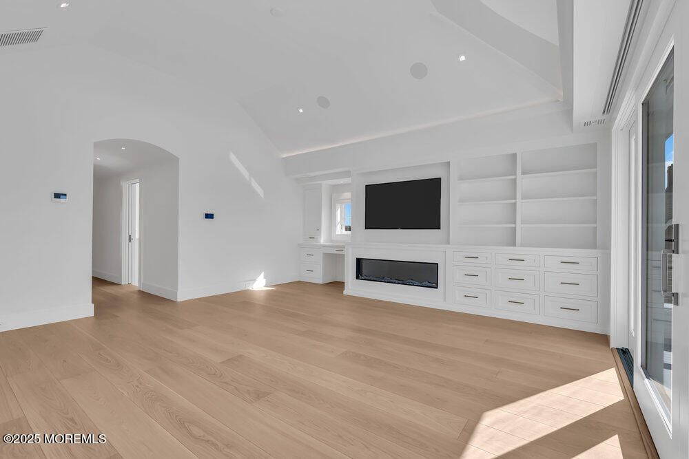Empty room, Fireplace, Interior, Recessed Lighting, Wood Texture Flooring
