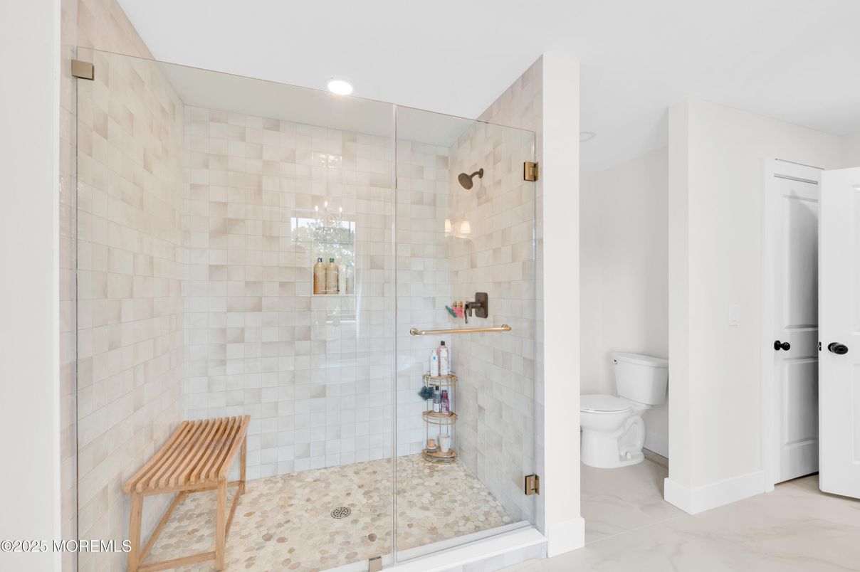 Bathroom, Glass Shower, Interior, Marble, Pendant Lights, Recessed Lighting