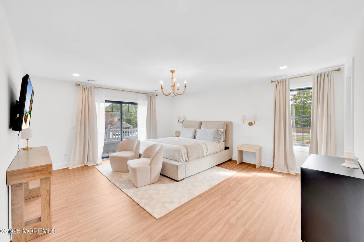 Bedroom, Chandelier, Interior, Recessed Lighting, Wood Texture Flooring