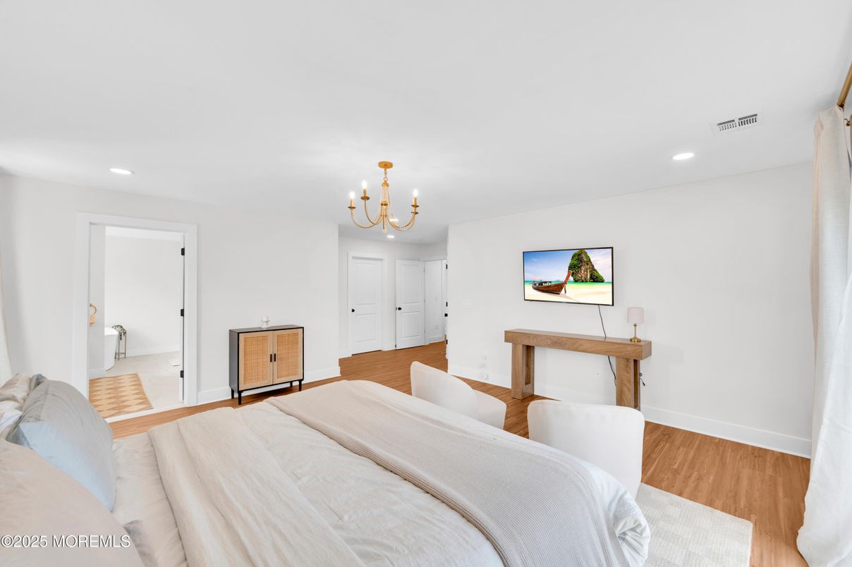 Bedroom, Chandelier, Interior, Recessed Lighting, Wood Texture Flooring