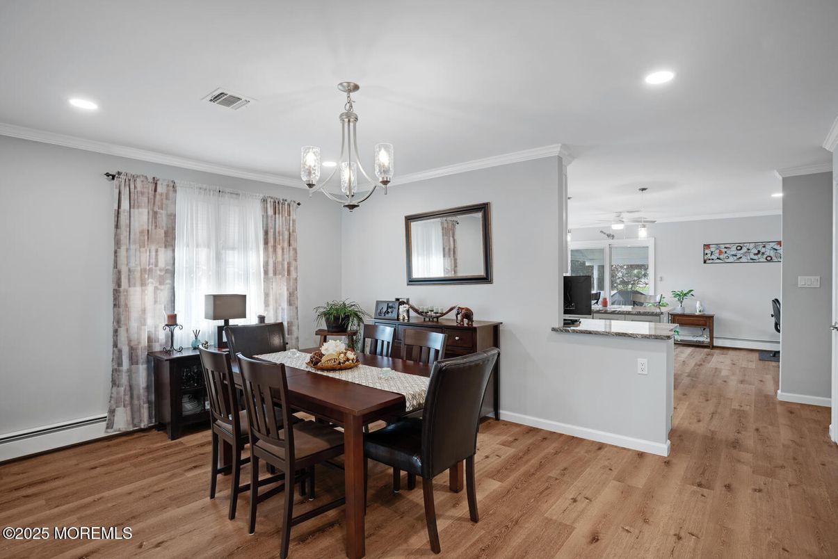 Dining room, Interior, Pendant Lights, Recessed Lighting, Wood Texture Flooring