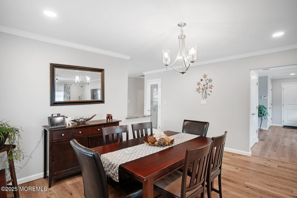 Dining room, Interior, Pendant Lights, Recessed Lighting, Wood Texture Flooring
