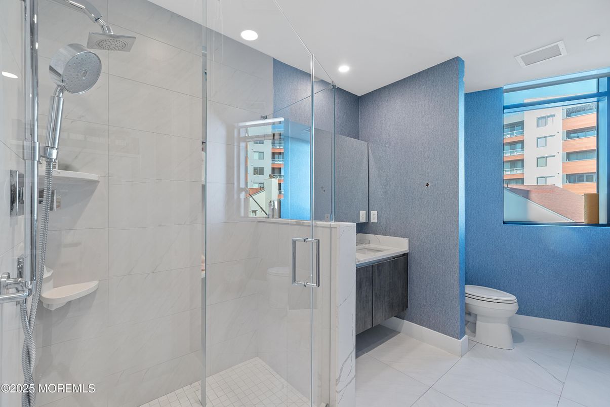 Bathroom, Glass Shower, Interior, Marble Walls, Recessed Lighting