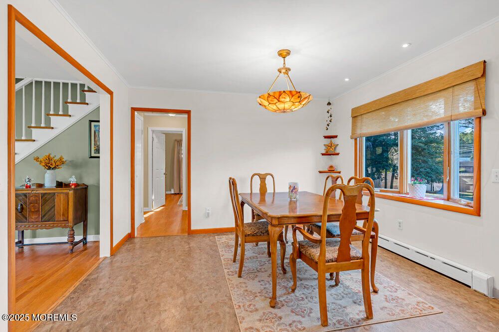 Dining room, Interior, Pendant Lights, Recessed Lighting, Wood Texture Flooring