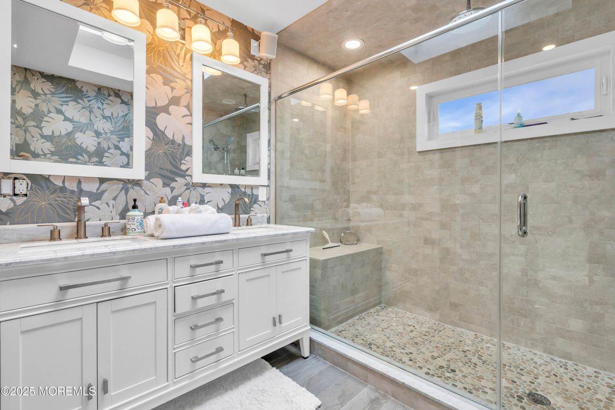 Bathroom, Dual Sink Vanities, Glass Shower, Interior, Recessed Lighting, Wood Texture Flooring