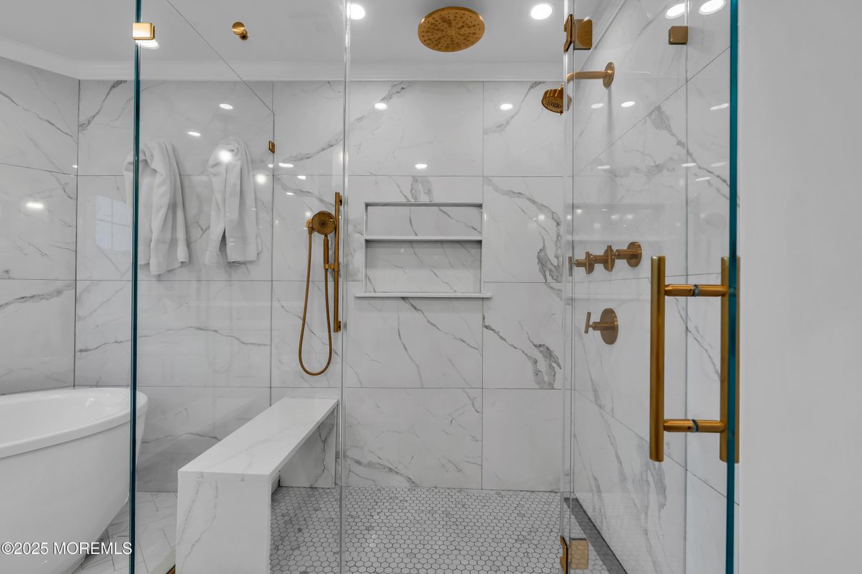 Bathroom, Glass Shower, Interior, Marble Walls, Recessed Lighting