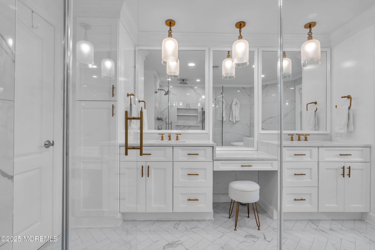 Bathroom, Dual Sink Vanities, Glass Shower, Interior, Marble, Pendant Lights