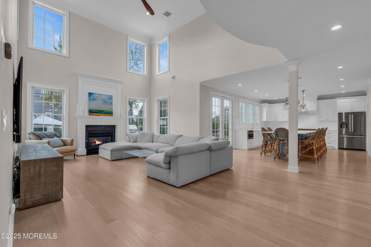 Dining room, Fireplace, Interior, Kitchen, Living room, Pendant Lights, Recessed Lighting, Wood Texture Flooring