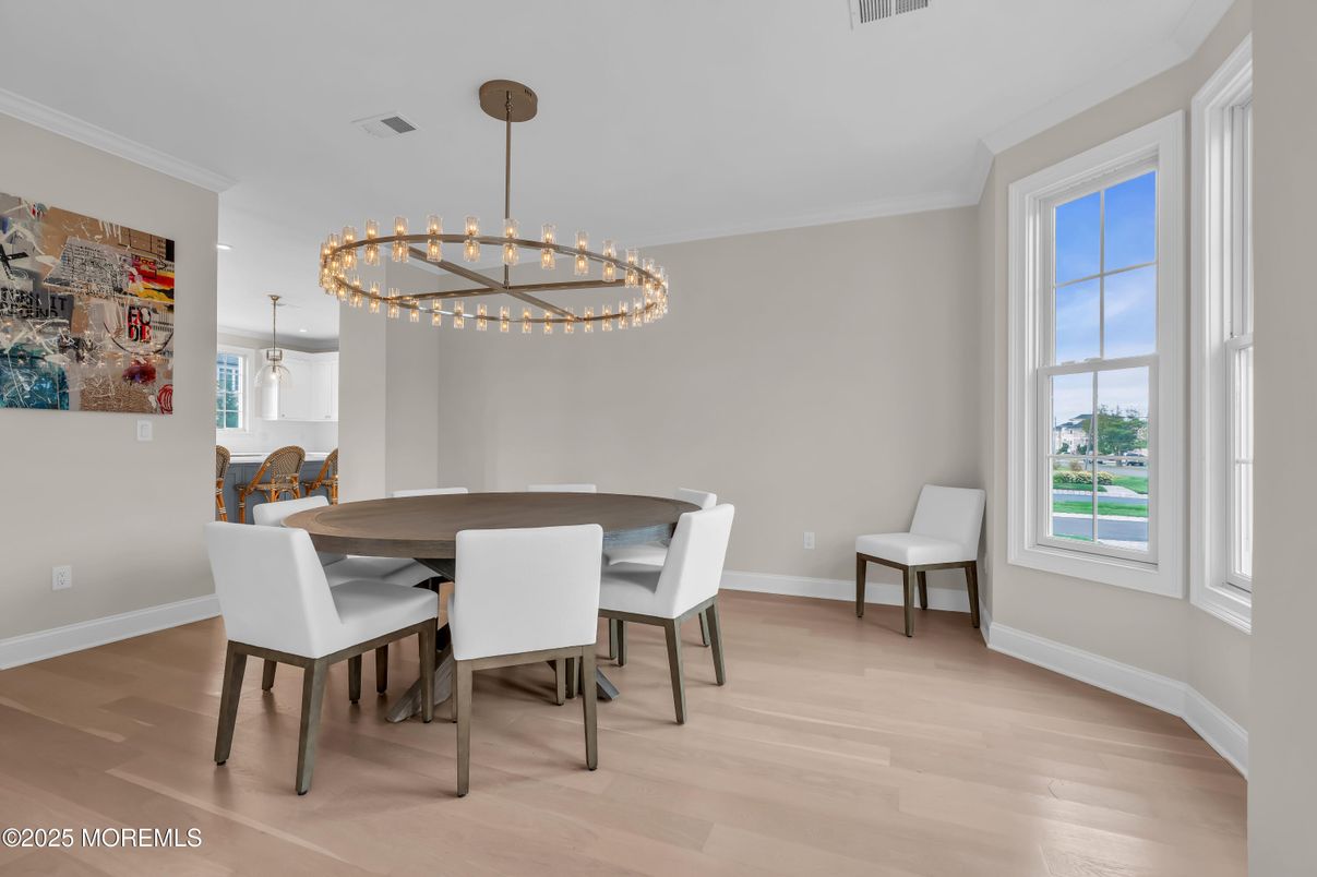 Dining room, Interior, Pendant Lights, Wood Texture Flooring