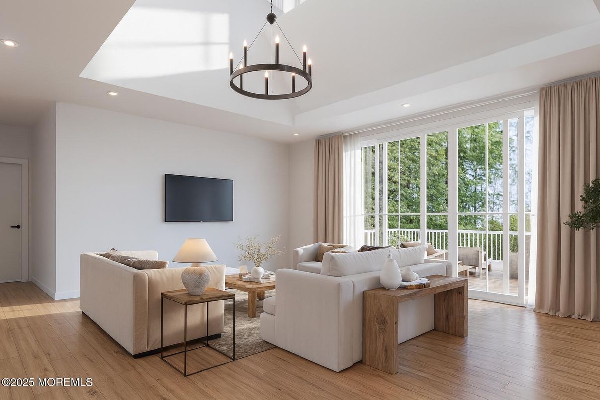 Chandelier, Interior, Living room, Recessed Lighting, Wood Texture Flooring