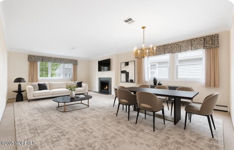 Chandelier, Dining room, Fireplace, Interior, Living room
