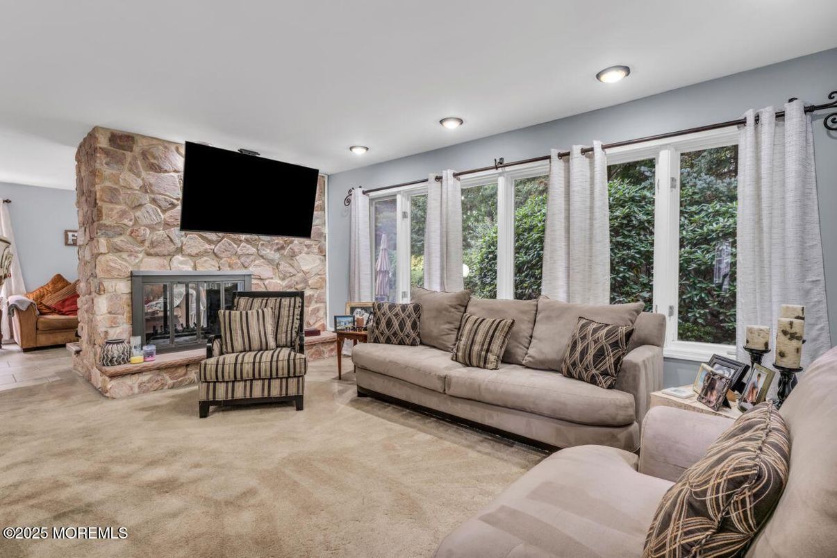 Fireplace, Interior, Living room, Recessed Lighting, Stone Walls