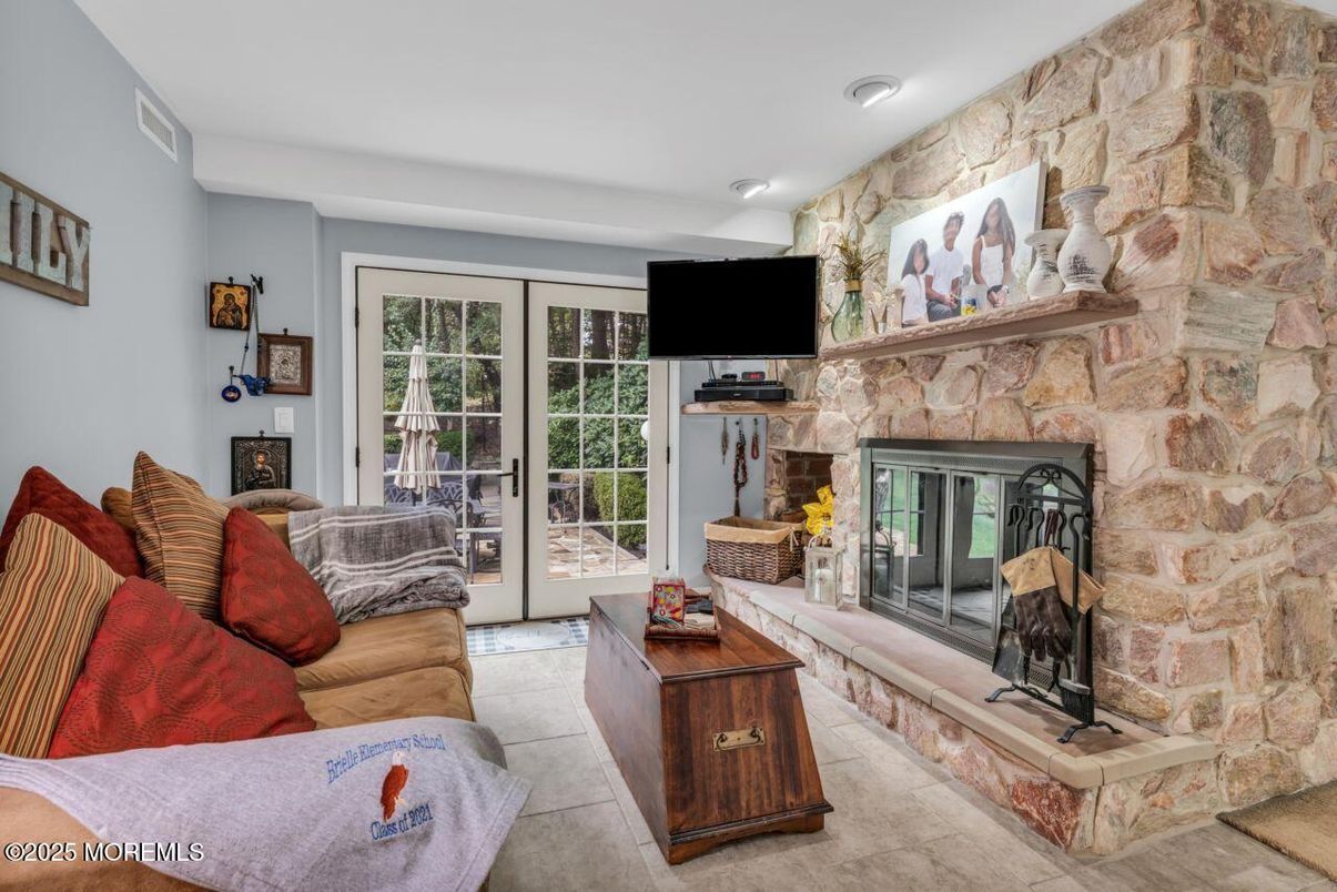 Fireplace, Interior, Living room, Recessed Lighting, Stone Walls