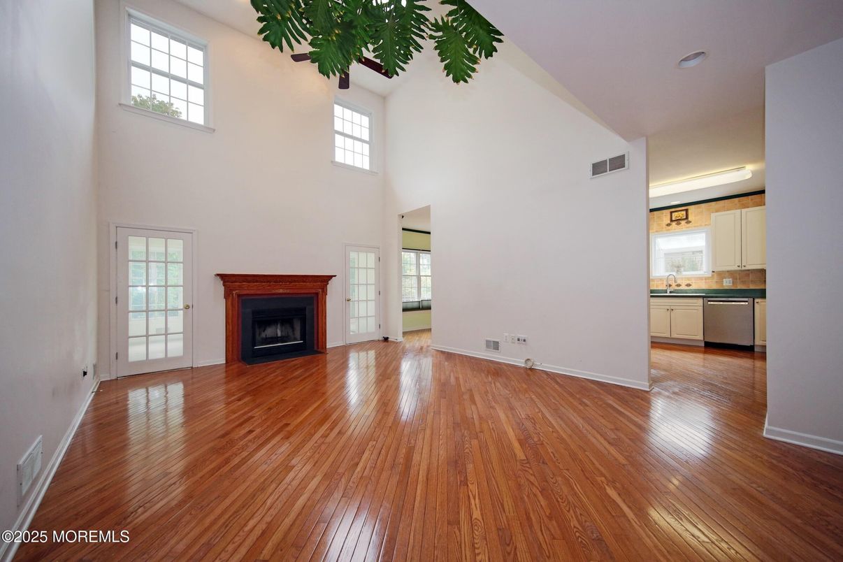 Empty room, Fireplace, Interior, Kitchen, Wood Texture Flooring