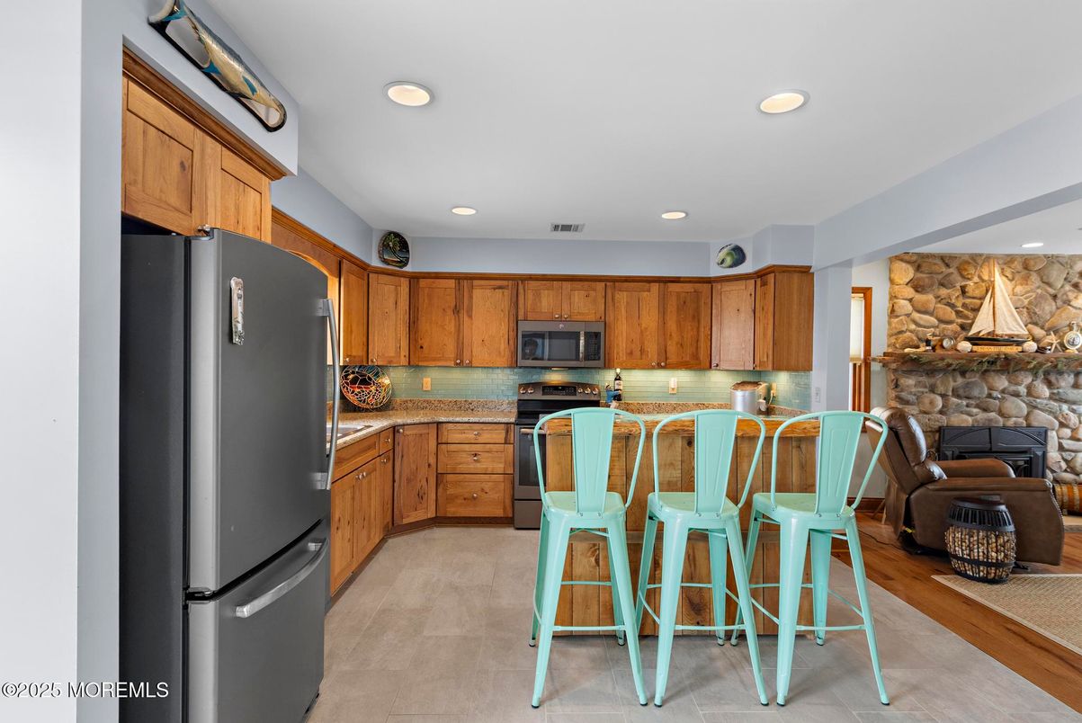 Fireplace, Interior, Kitchen, Recessed Lighting, Stone Walls