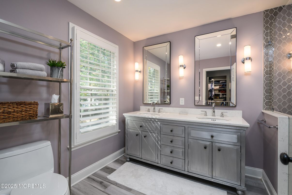 Bathroom, Dual Sink Vanities, Interior, Recessed Lighting, Wood Texture Flooring
