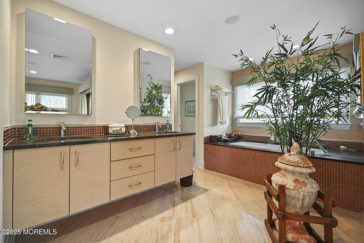 Bathroom, Dual Sink Vanities, Interior, Recessed Lighting, Wood Texture Flooring