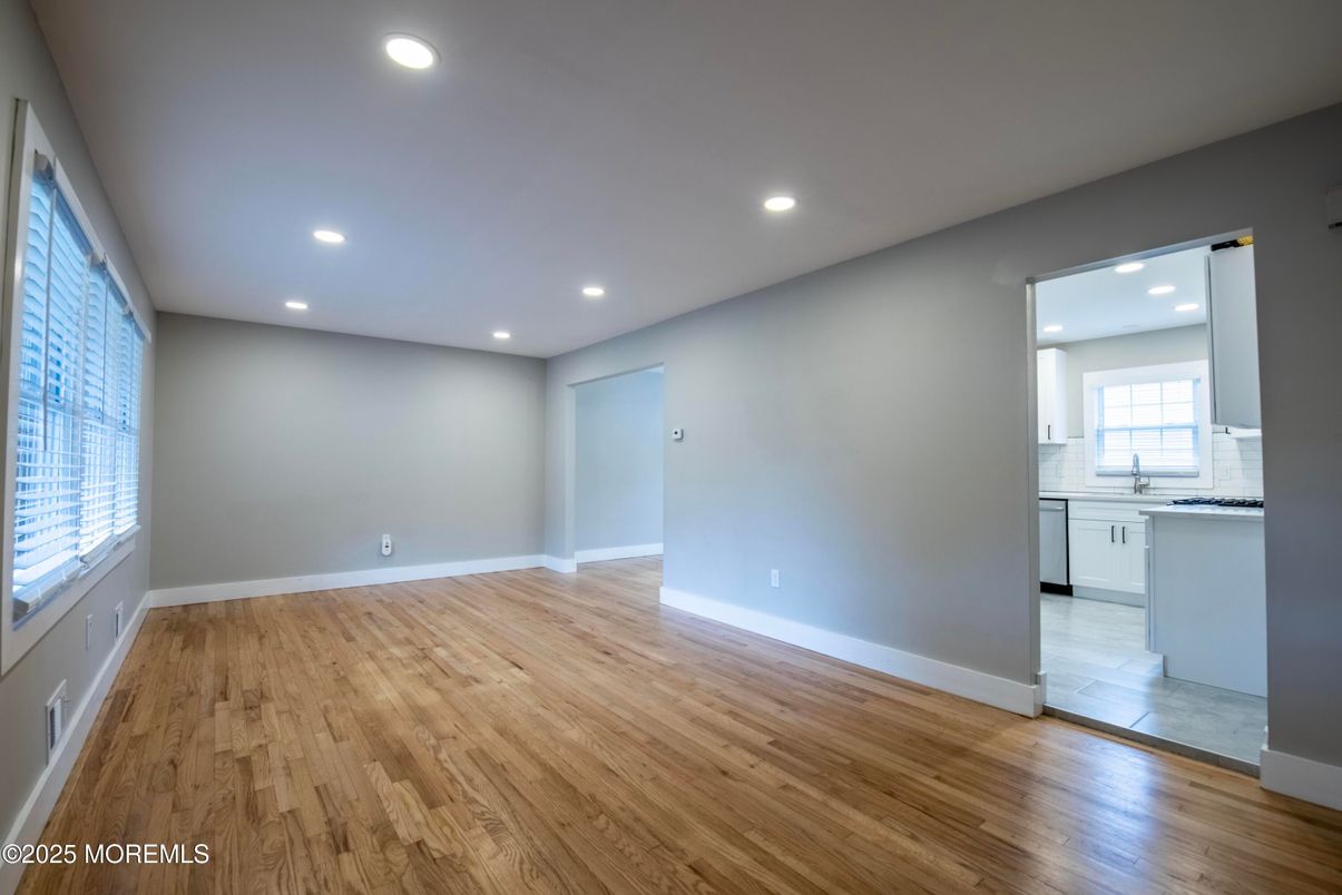 Empty room, Interior, Kitchen, Recessed Lighting, Wood Texture Flooring
