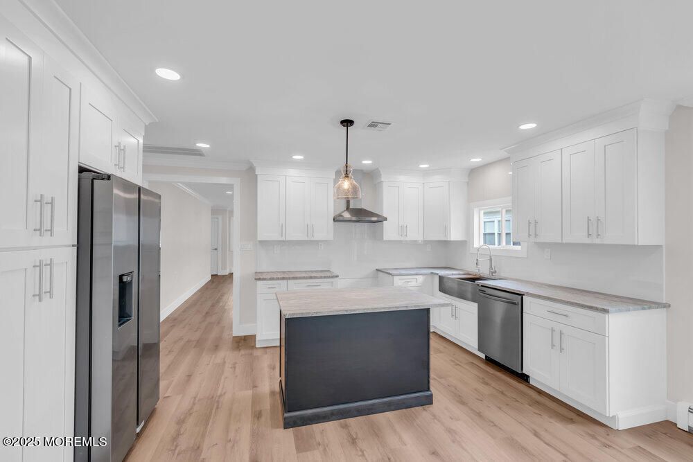Interior, Kitchen, Pendant Lights, Recessed Lighting, Stainless Steel Appliances, Wood Texture Flooring