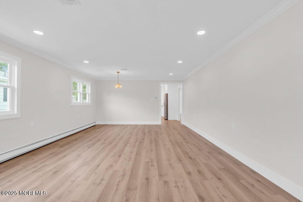 Empty room, Interior, Pendant Lights, Recessed Lighting, Wood Texture Flooring